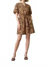 Lilla P Shirred Sleeve Split Neck Dress In Brown In Brown