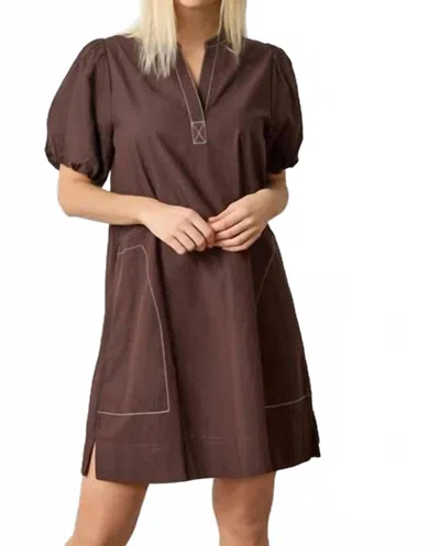 Lilla P Shirred Split Neck Dress In Brown