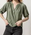 Lilla P Loose Knit Slub Shirred Split Neck Tee In Agave In Green
