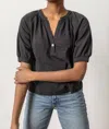 Lilla P Shirred Split Neck Raglan Top In Black