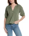 Lilla P Loose Knit Slub Shirred Split Neck Tee In Agave In Green