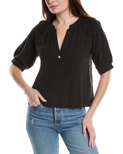 Lilla P Shirred Split Neck Raglan Top In Black