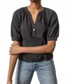 Lilla P Shirred Split Neck Raglan Top In Black