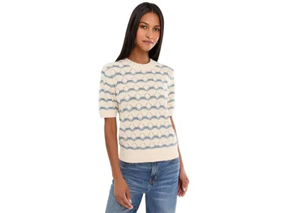 Lilla P Short Sleeve Multistitch Pullover Sweater Women's Clothing Winter White Stripe: Xl, Acrylic/cotton In Pink
