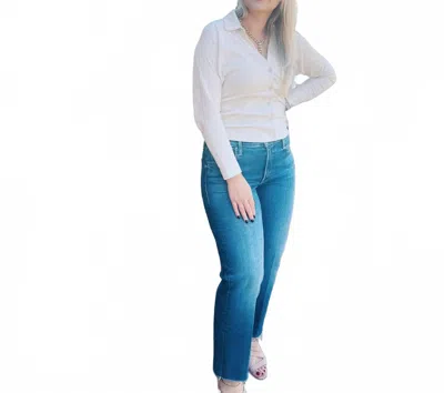 Lilla P Side Pleat Button Down Top In Stone In Blue