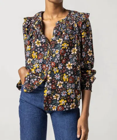 Lilla P Smocked Cuff Top In Black Floral In Multi