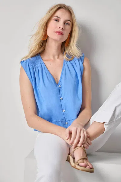 Lilla P Smocked Shoulder V-neck Top In Ultramarine In Pink