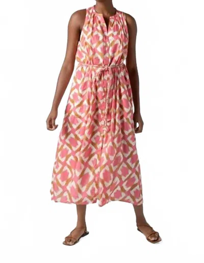 Lilla P Split Neck Belted Maxi Dress In Punch Ikat Print In Pink