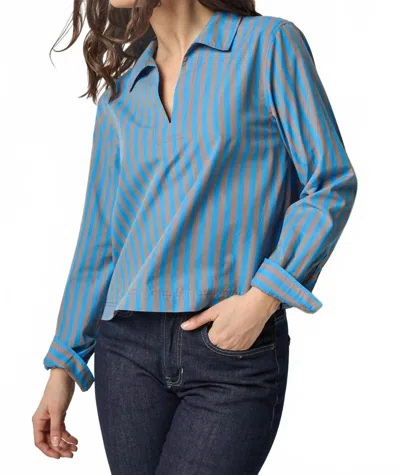 Lilla P Striped Split Neck Collared Shirt In Cocoa/lapis Stripe In Multi