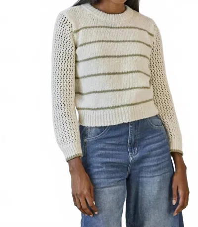 Lilla P Textured Crewneck Sweater In Sage/ivory Stripe In Neutral