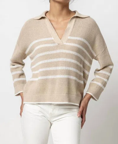 Lilla P Textured Stripe Polo Sweater In Husk/white In Multi