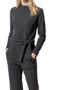 Lilla P Tie Waist Mock Neck Top In Black In Black