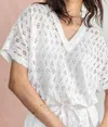 Lilla P Eyelet Drawstring Dolman V-neck Top In White