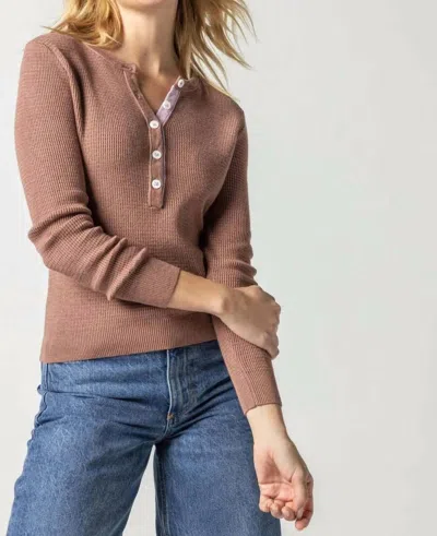 Lilla P Waffle Henley Sweater In Hickory In Brown