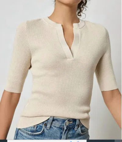 Lilla P Women's Elbow Sleeve Split Neck Sweater Top In Husk In Neutral