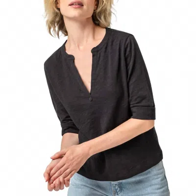 Lilla P Women's Elbow Sleeve Split Neck Top In Black