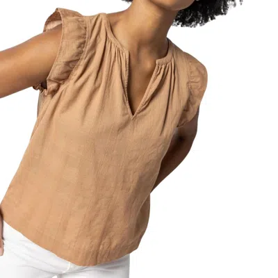 Lilla P Women's Flutter Sleeve Split Neck Top In Beechwood In Brown