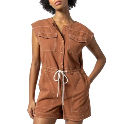 Lilla P Women's Short Sleeve Canvas Romper In Bronze In Brown