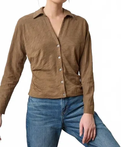 Lilla P Women's Side Pleat Button Down Shirt In Brown