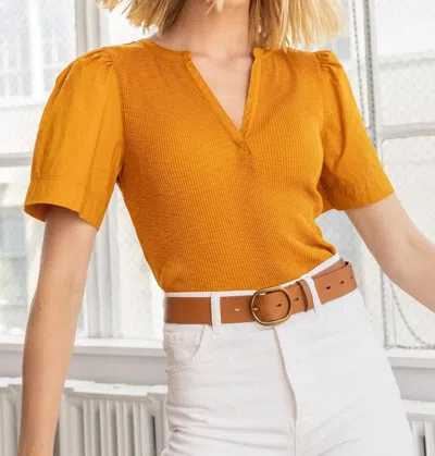 Lilla P Woven Sleeve Split Neck Top In Curry In Multi