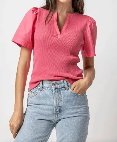 Lilla P Woven Sleeve Split Neck Top In Rosebud In Pink