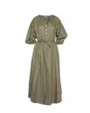 Lilla P Woven Slub Split Neck Belted Maxi Dress In Olive In Green