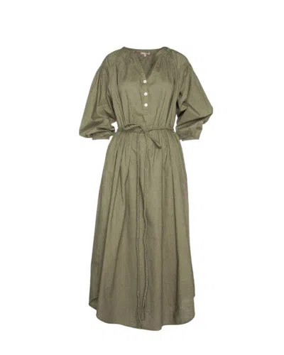 Lilla P Woven Slub Split Neck Belted Maxi Dress In Olive In Green