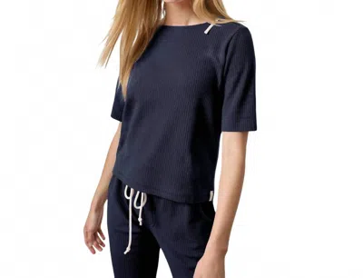 Lilla P Zippered Elbow Sleeve Crewneck Top In Navy In Blue