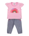 Lilly And Sid Rainbow Top & Chambray Trouser Set In Pink