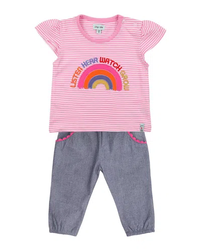 Lilly And Sid Kids' Rainbow Top & Chambray Trouser Set In Pink