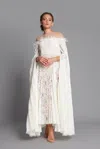Shop Lilly Ibrahim Feathered Off Shoulder Cape Sleeve Gown In Ivory