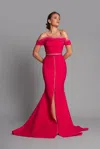 Lilly Ibrahim Feathered Off Shoulder Trumpet Gown In Pink