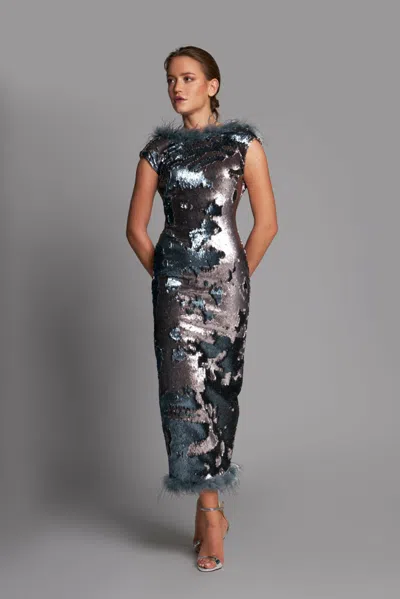 Lilly Ibrahim Feathered Paillette Midi Dress In Black