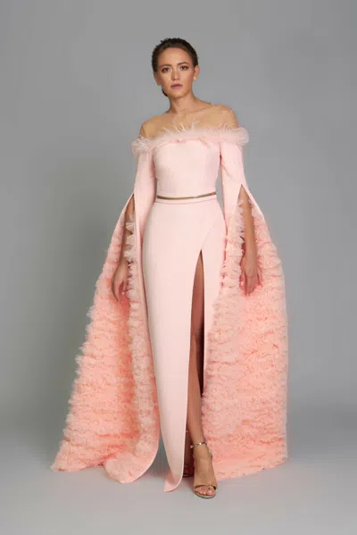 Lilly Ibrahim Illusion Neck Cape Sleeve Slit Gown In Pink