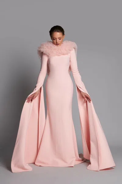 Lilly Ibrahim Long Cape Sleeve Fit And Flare Gown In Pink