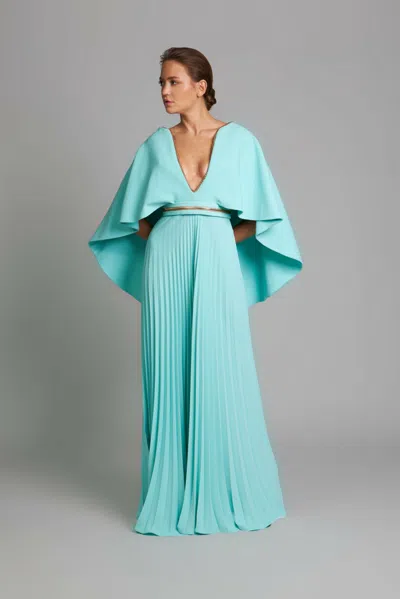 Lilly Ibrahim Plunging Neck Cape Sleeve Pleated Gown In Blue