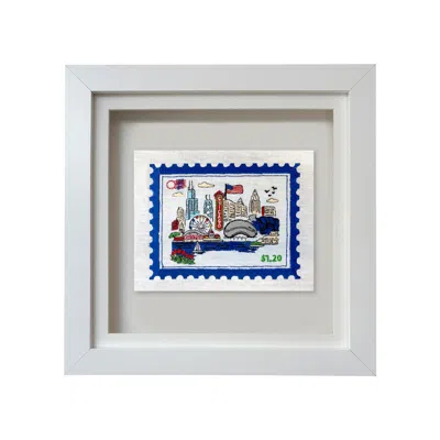 Lilly Loves Blue / Gold / Grey Chicago Embroidered Postage Stamp In Multi