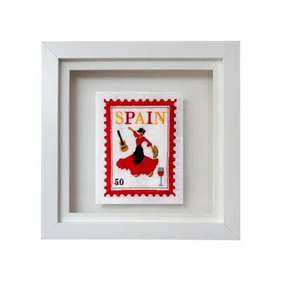 Lilly Loves White Postage Stamp Embroidery Artwork, Spain In Multi