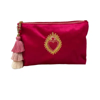 Lilly Loves Women's Pink / Purple Heart Embroidered Velvet Pouch