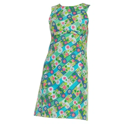 Pre-owned Lilly Pulitzer 1960s  Blue & Pink Cotton Psychedelic Geometric Floral Printed Dr