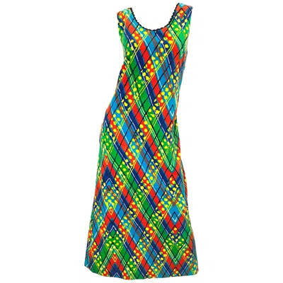 Pre-owned Lilly Pulitzer 1960s  Op Art Splatter Paint Colorful Velvet Vintage Maxi Dress In Blue