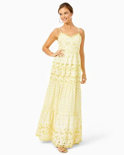 Pre-owned Lilly Pulitzer $298  Kyla Maxi Dress St Tropez Yellow Garden Gate Eyelet 2 In Yellow White