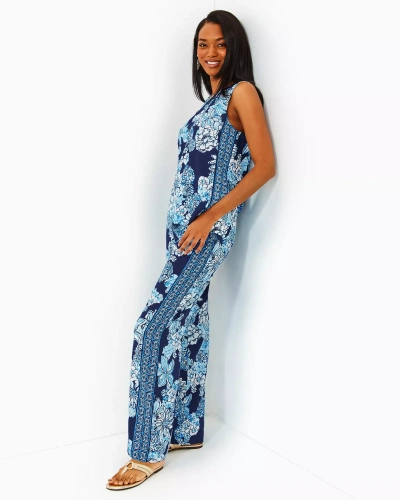 Lilly Pulitzer 32" Bal Harbour Palazzo Pant In Low Tide Navy Bouquet All Day Engineered Pant