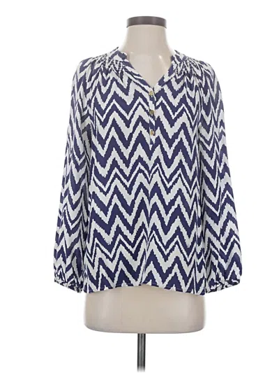 Pre-owned Lilly Pulitzer 3/4 Sleeve Silk Top Blue Chevron/herringbone Pattern V Neck Tops
