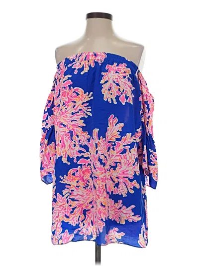 Pre-owned Lilly Pulitzer 3/4 Sleeve Silk Top Blue Cold Shoulder Neckline Tops