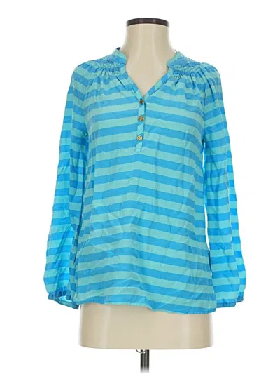 Pre-owned Lilly Pulitzer 3/4 Sleeve Silk Top Blue Keyhole Neckline Tops