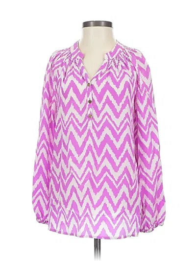 Pre-owned Lilly Pulitzer 3/4 Sleeve Silk Top Pink Chevron/herringbone Pattern V Neck Tops