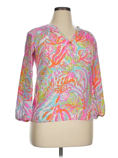Pre-owned Lilly Pulitzer 3/4 Sleeve Silk Top Pink Tropical Pattern V Neck Tops