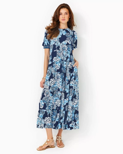 Lilly Pulitzer Amelia Elbow Sleeve Midi Dress In Low Tide Navy Bouquet All Day Engineered Woven Dress