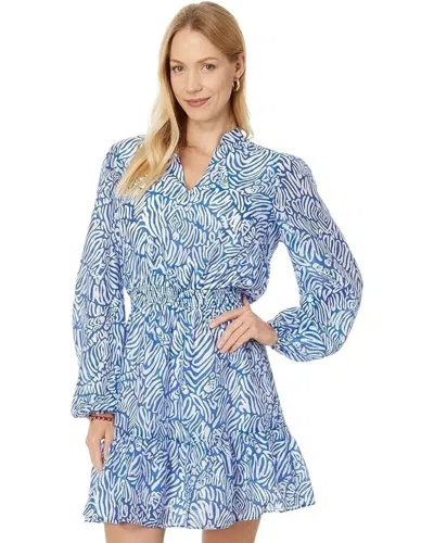 Lilly Pulitzer Axton Dress Women's 0 Blue Abstract Ruffle Hem Puff Sleeve Ups126